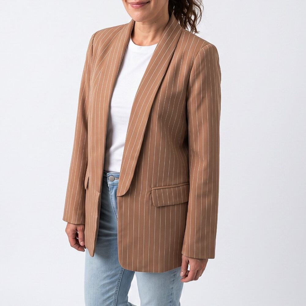 Boutique Trendy Classic Miss Love Dark Tan Pinstripe Blazer Jacket S